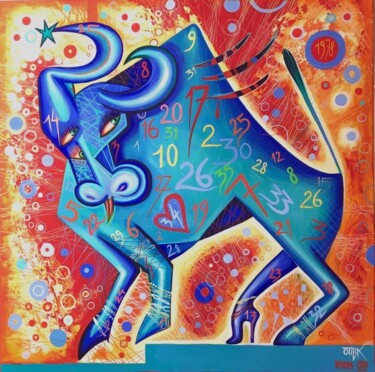 Malerei mit dem Titel "Toro blue ( zodiaca…" von Kaola Oty, Original-Kunstwerk, Acryl