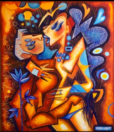 Schilderij getiteld "The Blue Love Rose" door Kaola Oty, Origineel Kunstwerk, Acryl