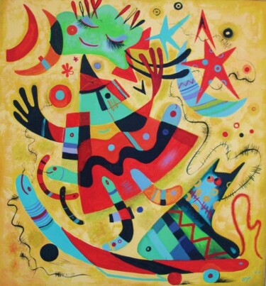Peinture intitulée "Girl with cat on th…" par Kaola Oty, Œuvre d'art originale