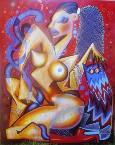 Peinture intitulée "~Nude with cat~" par Kaola Oty, Œuvre d'art originale, Huile