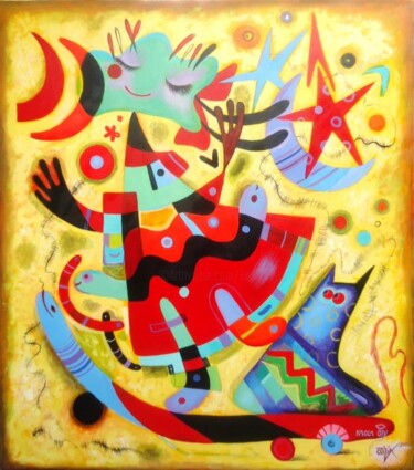 Peinture intitulée "Girl with cat on th…" par Kaola Oty, Œuvre d'art originale, Huile