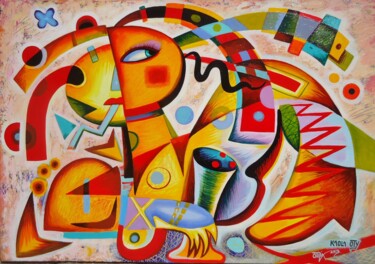 Peinture intitulée "Cubist woman with g…" par Kaola Oty, Œuvre d'art originale