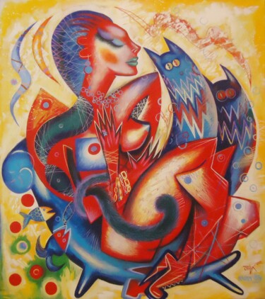Peinture intitulée "Woman with Tower Ca…" par Kaola Oty, Œuvre d'art originale, Acrylique