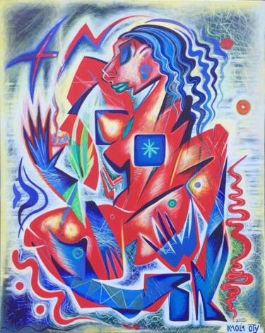 Картина под названием "WOMAN WITH THE CAND…" - Kaola Oty, Подлинное произведение искусства, Акрил