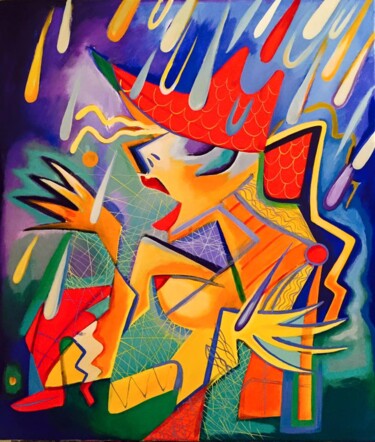 Malerei mit dem Titel "Lady in rain" von Kaola Oty, Original-Kunstwerk, Acryl
