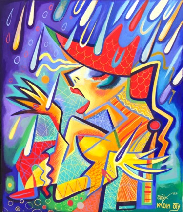 Картина под названием "Lady in the rain" - Kaola Oty, Подлинное произведение искусства, Акрил
