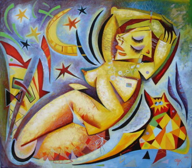 Картина под названием "THE MOON" - Kaola Oty, Подлинное произведение искусства, Масло