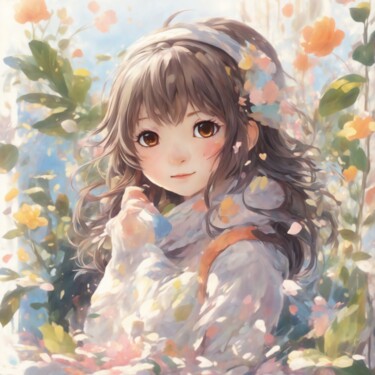 数字艺术 标题为“花背景で微笑む少女” 由Kaori Ooshima, 原创艺术品, AI生成的图像