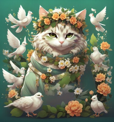 Digital Arts titled "鳩に慕われた花冠の猫" by Kaori Ooshima, Original Artwork, AI generated image
