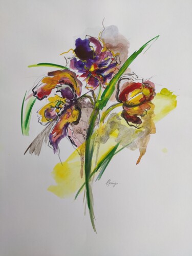 Peinture intitulée "Tulipes" par Eliane Karakaya, Œuvre d'art originale, Aquarelle Monté sur Carton