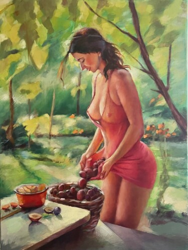 Painting titled "Girl picking plums" by Karas Gleb, Original Artwork, Oil