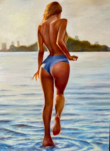 Painting titled "Running girl on the…" by Karas Gleb, Original Artwork, Oil