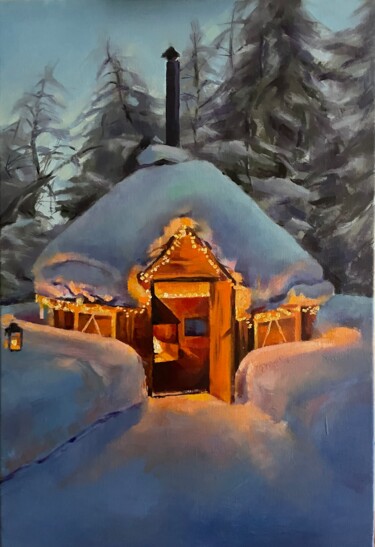 Painting titled "New Year's house" by Karas Gleb, Original Artwork, Oil