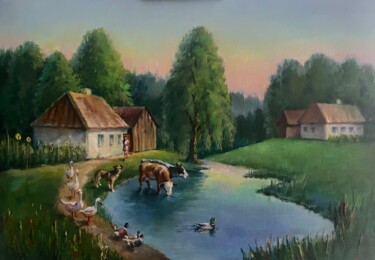 Peinture intitulée "House in the village" par Karas Gleb, Œuvre d'art originale, Huile