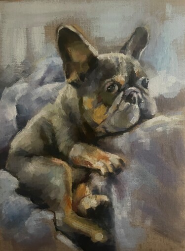 Schilderij getiteld "French Bulldog" door Karas Gleb, Origineel Kunstwerk, Olie