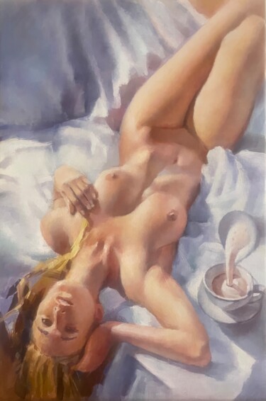 Painting titled "Coffee in bed" by Karas Gleb, Original Artwork, Oil