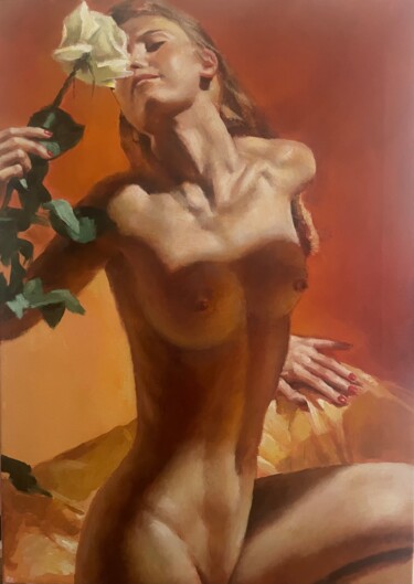 Painting titled "girl with a rose" by Karas Gleb, Original Artwork, Oil