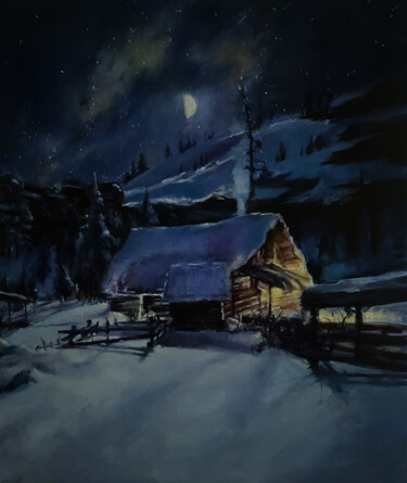 Painting titled "winter house in the…" by Karas Gleb, Original Artwork, Oil