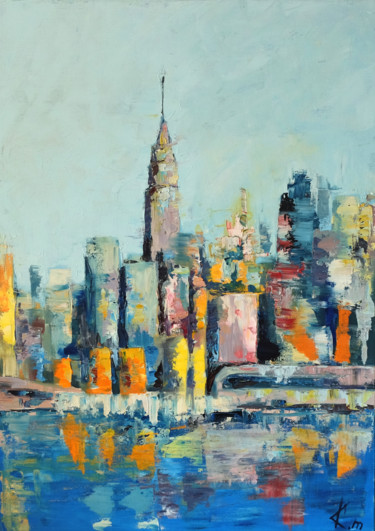 Painting titled "NY" by Maria Karatekin, Original Artwork, Oil Mounted on Wood Stretcher frame