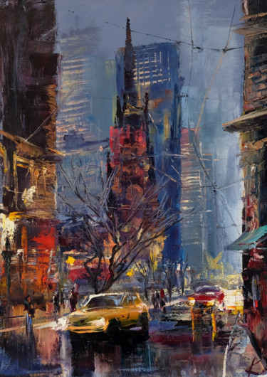 Painting titled "NY By Night" by Maria Karatekin, Original Artwork, Oil Mounted on Wood Stretcher frame