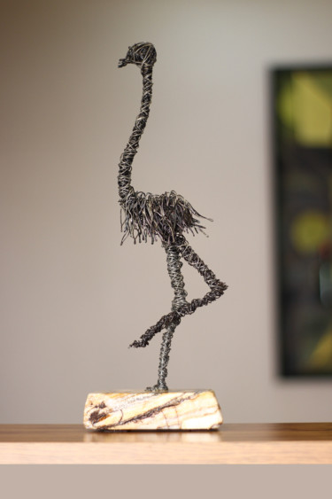 Suspense (35x13x8 1.1kg iron, travertine) Sculpture titled "Suspense (35x13x8 1…" by Karen Axikyan, Original Art, Metals