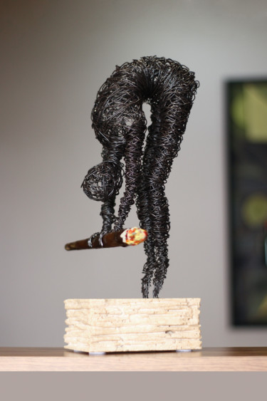 Please muse (39x16x27 3.4kg iron, travertine) Sculpture titled "Please muse (39x16x…" by Karen Axikyan, Original Art, Metals