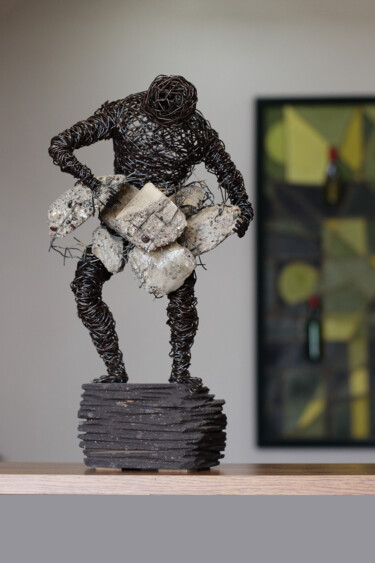 Earthquake (39x22x20 3.7kg iron, tufa, concrete) Sculpture titled "Earthquake (39x22x2…" by Karen Axikyan, Original Art, Stone