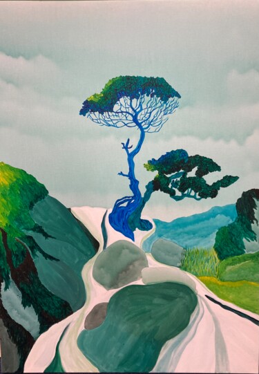 Painting titled "l'arbre dans le rui…" by Karen Dutoit Verbeke, Original Artwork, Acrylic Mounted on Wood Stretcher frame