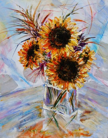 Malarstwo zatytułowany „Sunflowers in glass” autorstwa Ferrand, Oryginalna praca, Akryl