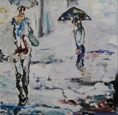 Peinture intitulée "S'abriter de la plu…" par Karen Finkelstein, Œuvre d'art originale, Huile