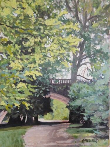 Malerei mit dem Titel "Pont feuilles chemin" von Karen Garnaud, Original-Kunstwerk, Acryl