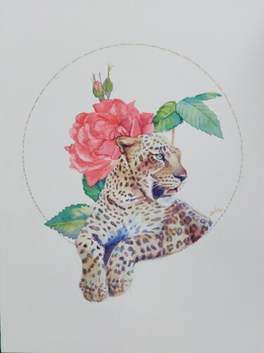 Peinture intitulée "Un Jaguar et une Ro…" par Karen Lara Martin, Œuvre d'art originale, Aquarelle