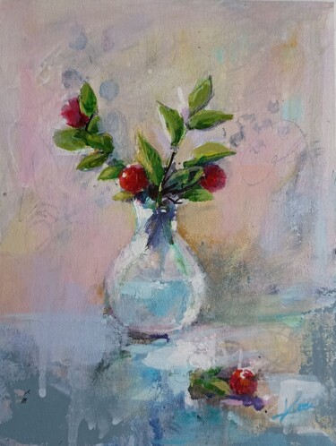 Peinture intitulée "Vase aux fruits rou…" par Karen Lara Martin, Œuvre d'art originale, Acrylique