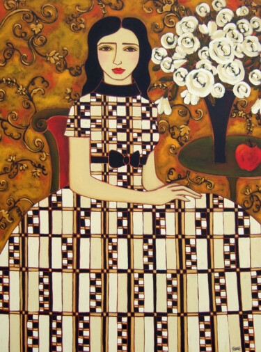 Malerei mit dem Titel "Woman with Ivory Ro…" von Karen Rieger, Original-Kunstwerk, Öl Auf Keilrahmen aus Holz montiert