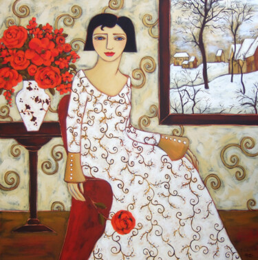 Pintura titulada "Woman with Winter L…" por Karen Rieger, Obra de arte original, Acrílico Montado en Bastidor de camilla de…