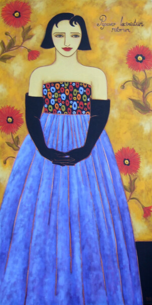 Malarstwo zatytułowany „Woman with Poppies” autorstwa Karen Rieger, Oryginalna praca, Olej Zamontowany na Drewniana rama nos…