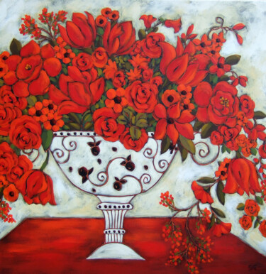 Painting titled "Ivory Vase with Red…" by Karen Rieger, Original Artwork, Acrylic Mounted on Wood Stretcher frame