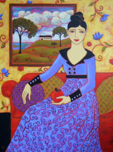 Painting titled "Woman with Apple (E…" by Karen Rieger, Original Artwork, Acrylic Mounted on Wood Stretcher frame