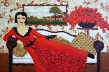 Painting titled "Reclining Woman wit…" by Karen Rieger, Original Artwork, Acrylic