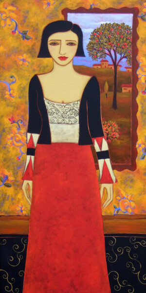 Ζωγραφική με τίτλο "Woman with Evening…" από Karen Rieger, Αυθεντικά έργα τέχνης, Λάδι Τοποθετήθηκε στο Ξύλινο φορείο σκελετό