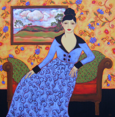 Картина под названием "Woman with Azure Go…" - Karen Rieger, Подлинное произведение искусства, Акрил Установлен на Деревянна…