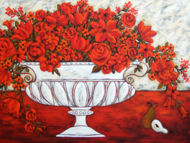 Painting titled "Red Bouquet with Wh…" by Karen Rieger, Original Artwork, Acrylic Mounted on Wood Stretcher frame