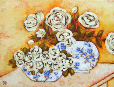Painting titled "White Roses" by Karen Rieger, Original Artwork, Oil Mounted on Wood Stretcher frame