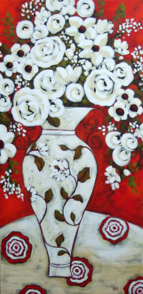 Malerei mit dem Titel "Red and White" von Karen Rieger, Original-Kunstwerk, Acryl Auf Keilrahmen aus Holz montiert