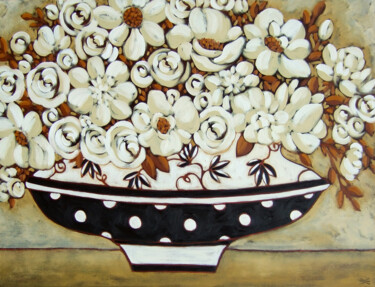 Pintura intitulada "Peonies and Roses w…" por Karen Rieger, Obras de arte originais, Óleo Montado em Armação em madeira