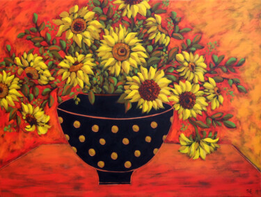 Painting titled "Sunflowers" by Karen Rieger, Original Artwork, Acrylic Mounted on Wood Stretcher frame