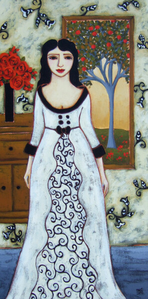 Peinture intitulée "Woman with Ivory Go…" par Karen Rieger, Œuvre d'art originale, Acrylique Monté sur Châssis en bois