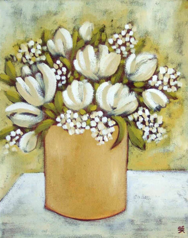 Schilderij getiteld "White Tulips" door Karen Rieger, Origineel Kunstwerk, Olie Gemonteerd op Frame voor houten brancard