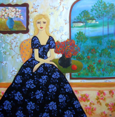 Malarstwo zatytułowany „Woman with Misty La…” autorstwa Karen Rieger, Oryginalna praca, Akryl Zamontowany na Drewniana rama…