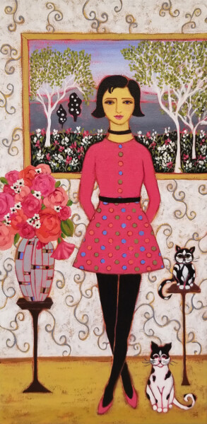 Painting titled "Woman with Cats and…" by Karen Rieger, Original Artwork, Acrylic Mounted on Wood Stretcher frame